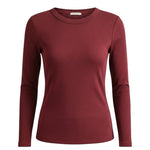 graced wine red long sleeve knit top with a classic round neckline and a flattering fitted silhouette