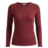 graced wine red long sleeve knit top with a classic round neckline and a flattering fitted silhouette