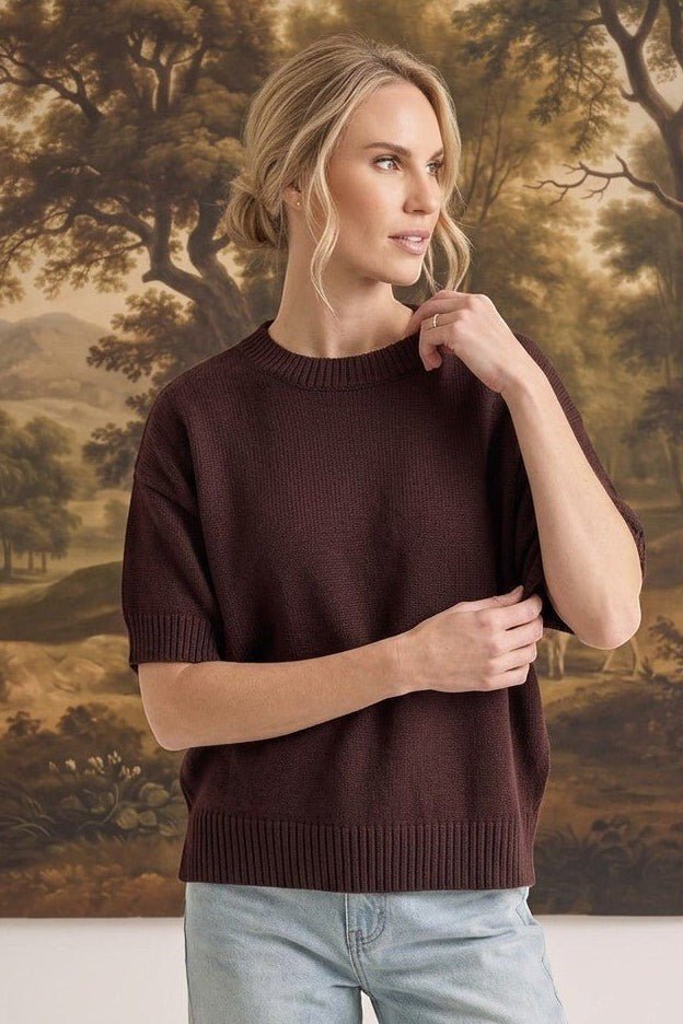 Model wearing a graced dark brown short-sleeve round neck sweater with a ribbed hem and neckline
