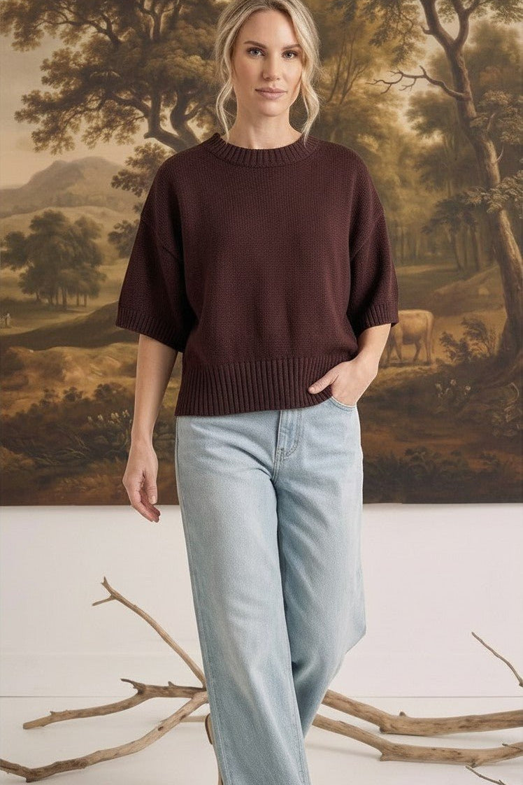 Model wearing a graced dark brown round neck sweater with elbow-length sleeves and ribbed hem paired with light jeans
