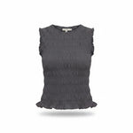 Navy ruffle detail top by Miou Muse, featuring a lightweight fabric and feminine ruffle accents, perfect for casual or dressy wear.