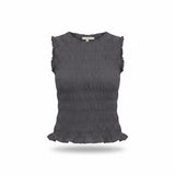 Navy ruffle detail top by Miou Muse, featuring a lightweight fabric and feminine ruffle accents, perfect for casual or dressy wear.