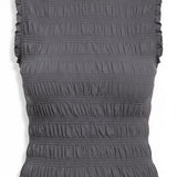 Navy ruffle detail top by Miou Muse, a stylish basic blouse with feminine ruffle accents and long sleeves.
