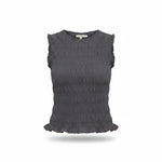 Navy ruffle detail top from Miou Muse, a basic women's blouse with feminine ruffle accents and long sleeves.