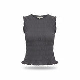 Navy ruffle detail top from Miou Muse, a basic women's blouse with feminine ruffle accents and long sleeves.