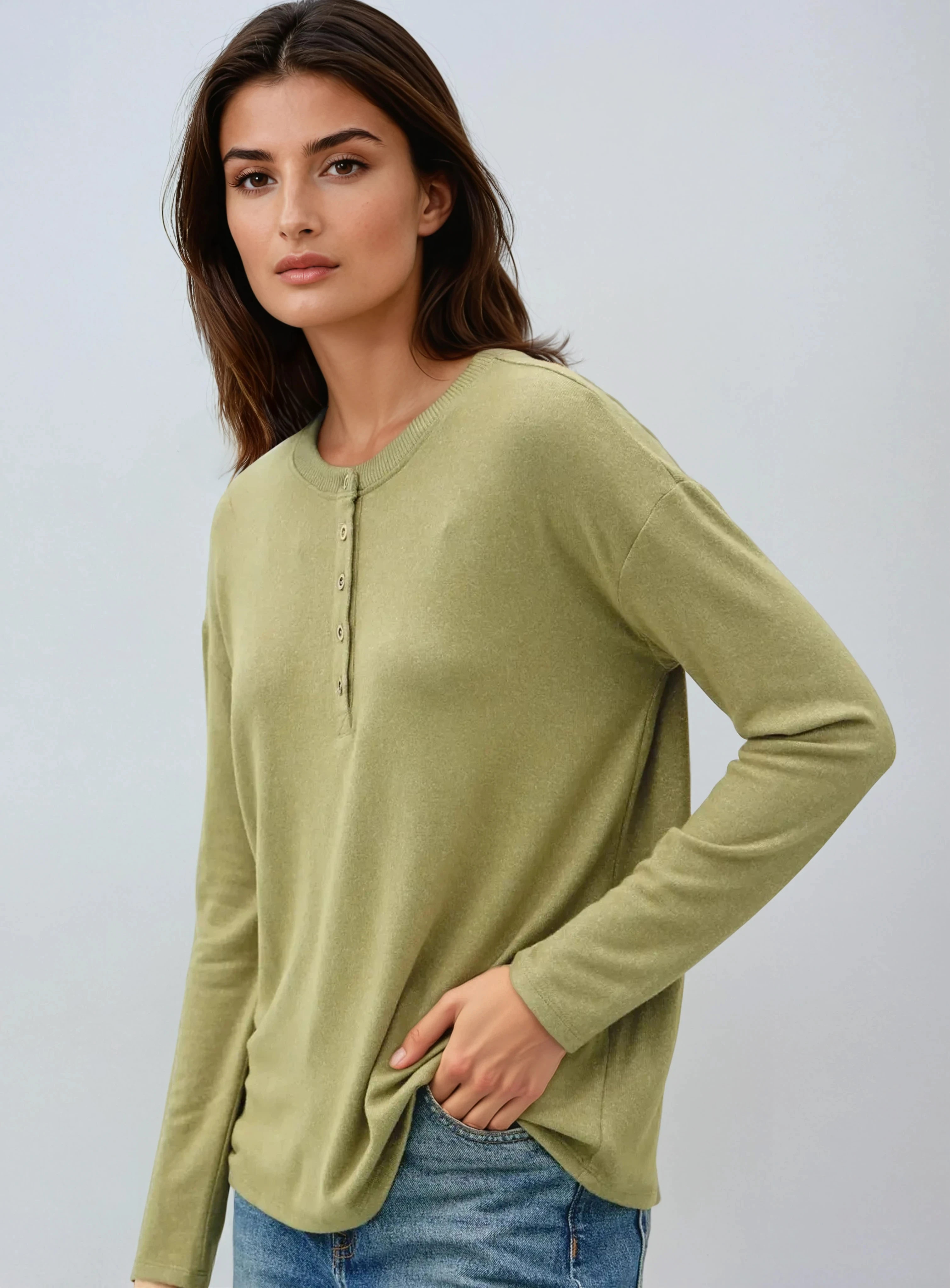 Hacci Long Sleeve Henley Top Sage