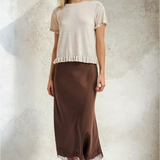 Satin Lace Trimmed Midi Skirt Brown