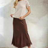 Satin Lace Trimmed Midi Skirt Brown
