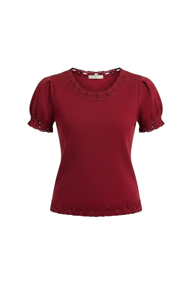 Red knit puff sleeve top with scallop trim by Camellia, featuring a stylish and feminine design.