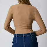Square Neck Long Sleeve Bodysuit Tan