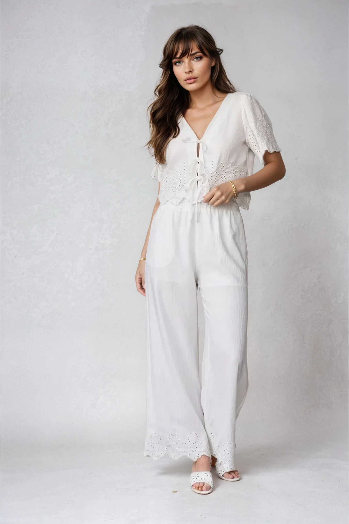 Eyelet Detail Linen Pants