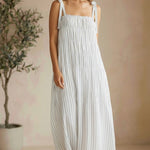 Striped Lovestitch Shirred Tie Shoulder Maxi Dress featuring a flowing silhouette and adjustable shoulder ties.