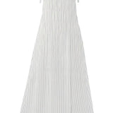 Lovestitch striped shirred tie shoulder maxi dress with a flowy silhouette and adjustable shoulder ties, perfect for summer wear.
