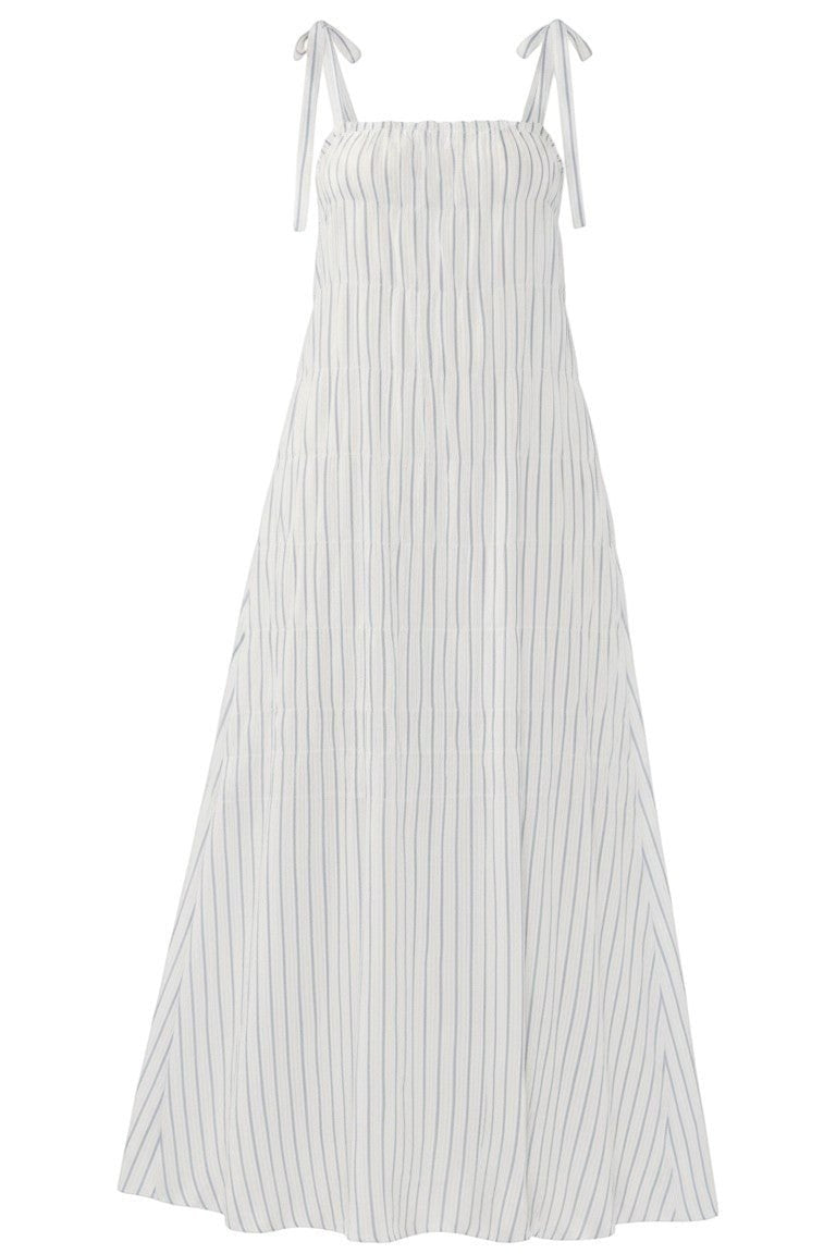 Lovestitch striped shirred tie-shoulder maxi dress with flowing fabric and relaxed fit, perfect for summer or casual occasions.