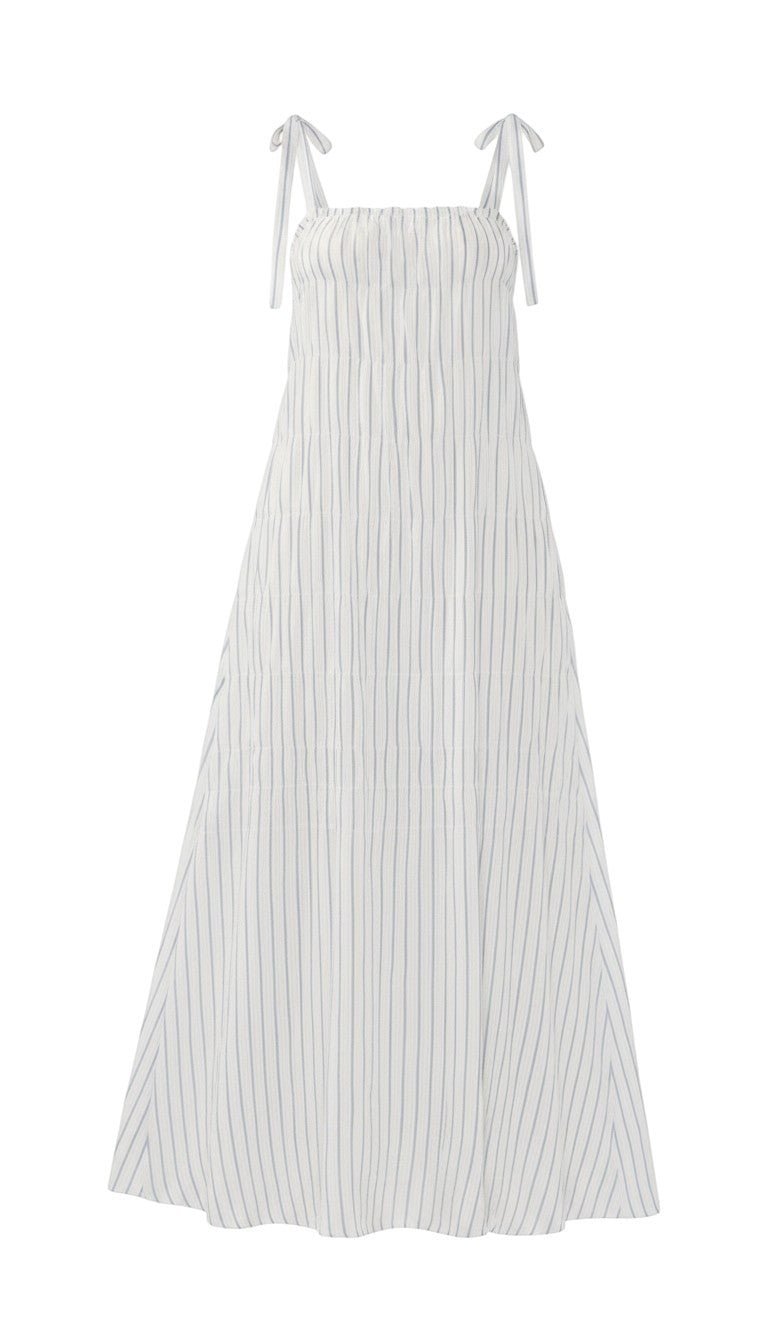 Lovestitch striped shirred tie-shoulder maxi dress with flowing fabric and relaxed fit, perfect for summer or casual occasions.