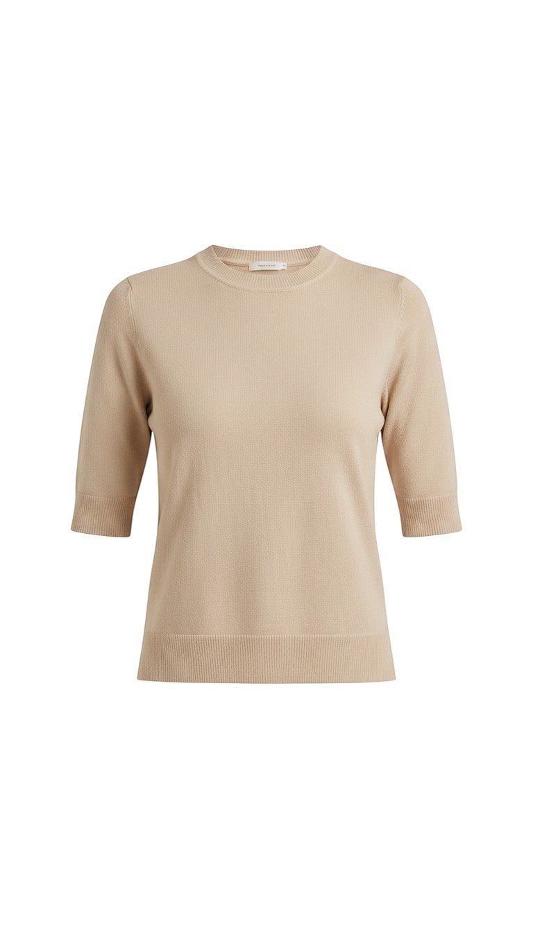 graced oatmeal short sleeve knit top with a classic crew neckline and ribbed trim in a soft breathable fabric