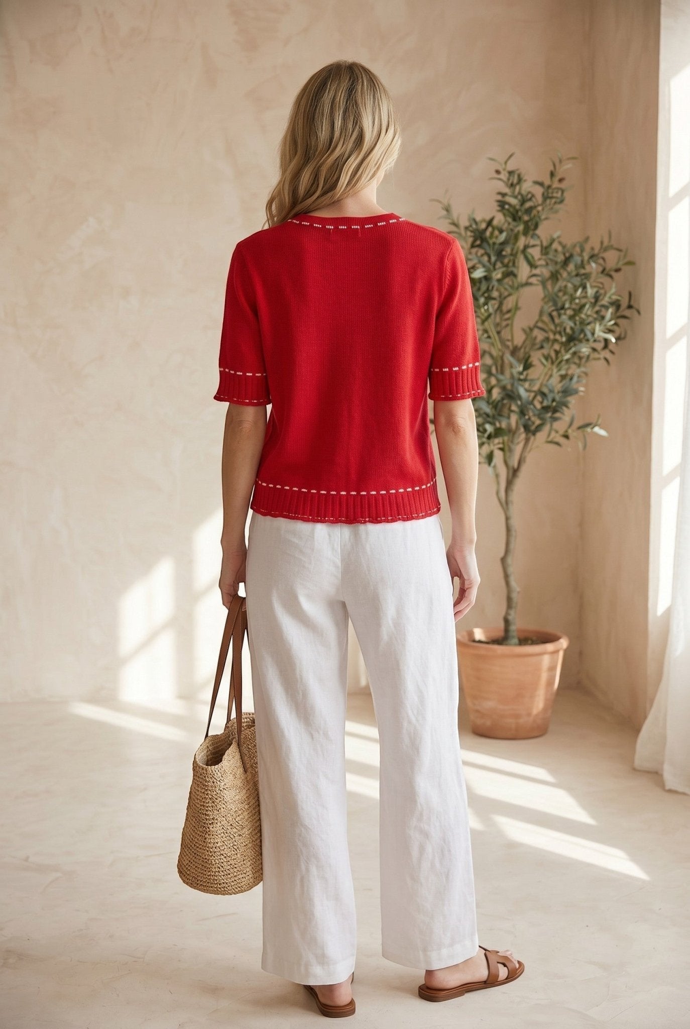 Red and white short sleeve round neck sweater by Active Basic, showcasing a casual basic top with a comfortable fit.