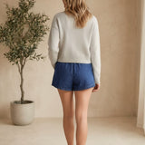 Indigo high waisted tie shorts by Skies Are Blue, casual bottoms with a relaxed fit and adjustable waist tie.