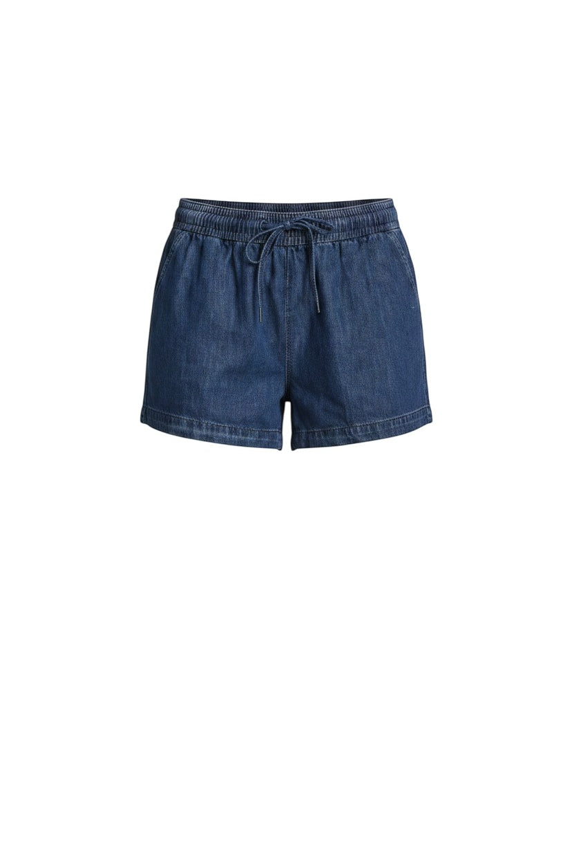 Indigo high-waisted tie shorts by Skies Are Blue, featuring a relaxed fit and adjustable waist tie, designed for casual wear.