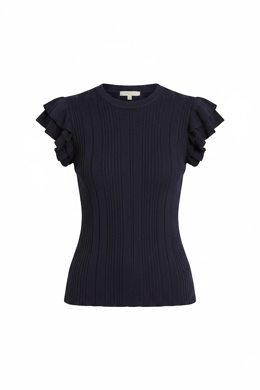 Navy textured knit top with ruffle sleeves by Skies Are Blue, casual stylish basics for everyday wear.