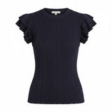 Navy textured knit top with ruffle sleeves by Skies Are Blue, casual stylish basics for everyday wear.