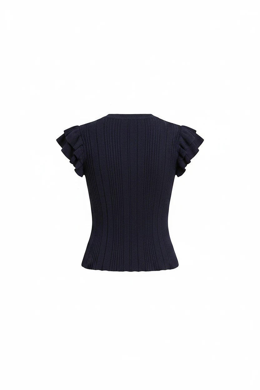 Navy textured ruffle sleeve knit top by Skies are Blue, featuring ruffled sleeves and a fitted basic design.