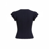 Navy textured ruffle sleeve top from Skies are Blue, featuring a stylish ruffle detail on the sleeves and a soft, textured fabric.