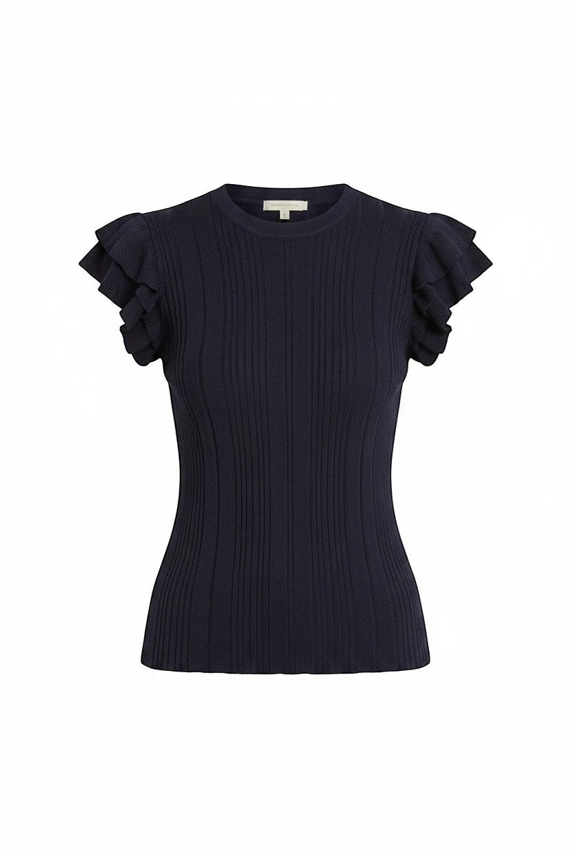 Navy textured ruffle sleeve knit top by Skies Are Blue, featuring a stylish ruffle detail and soft fabric, perfect for casual wear.