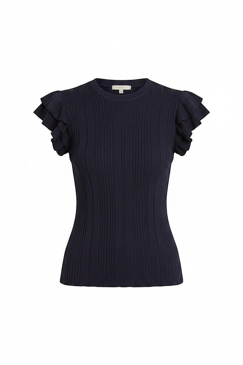Navy textured ruffle sleeve top by Skies Are Blue, featuring lightweight fabric and stylish ruffle details for a casual chic look.