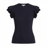 Navy textured ruffle sleeve top by Skies Are Blue, featuring lightweight fabric and stylish ruffle details for a casual chic look.