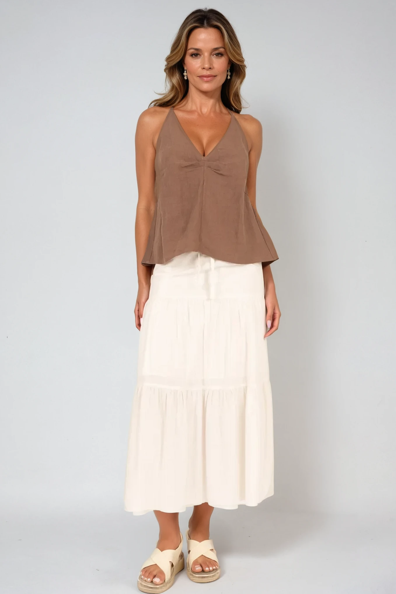 Tiered Elastic Waist Midi Skirt