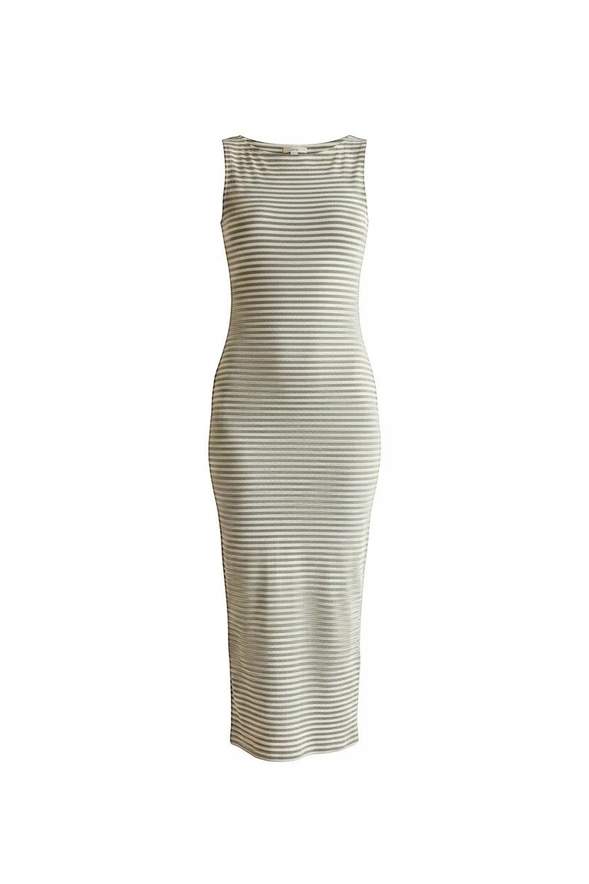 Olive and off-white sleeveless boat neck midi dress by Active Basic, showcasing a fitted silhouette and elegant design.