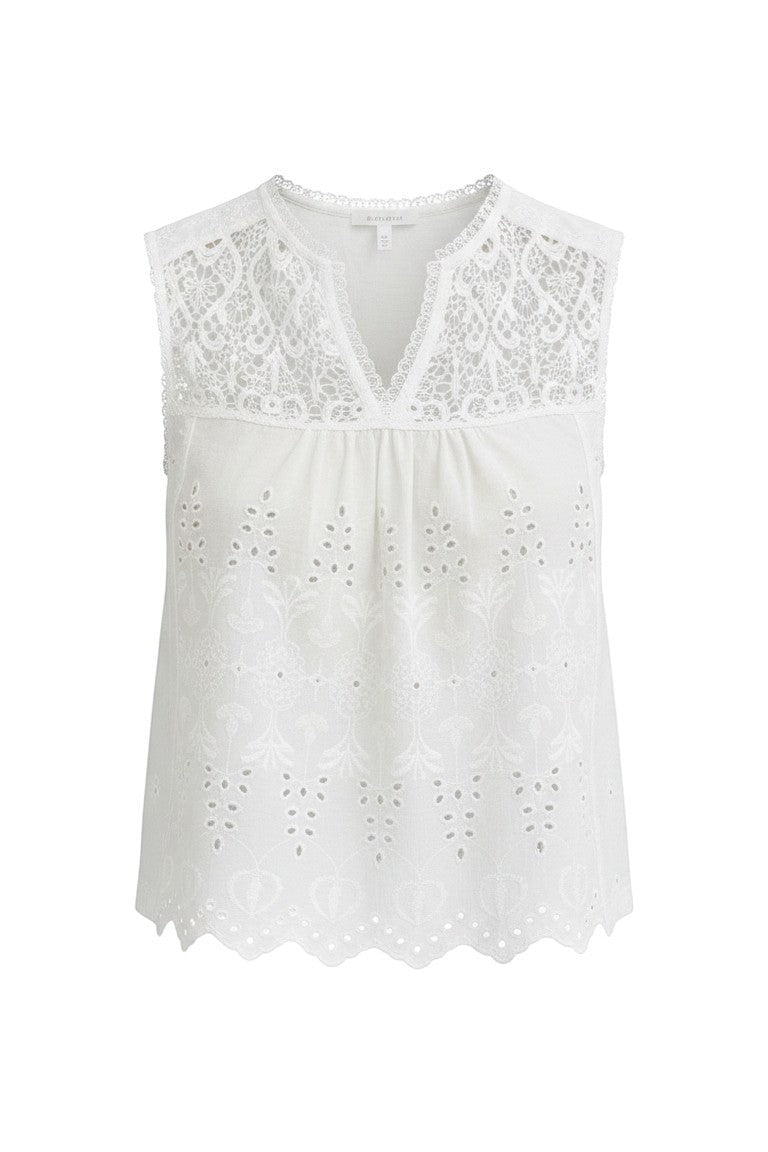 White sleeveless eyelet lace tank top by Lovestitch, featuring intricate eyelet detailing and a feminine blouse style.