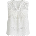 White sleeveless eyelet lace tank top by Lovestitch, featuring intricate eyelet detailing and a feminine blouse style.