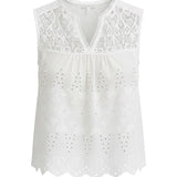 White sleeveless eyelet lace tank top by Lovestitch, featuring intricate eyelet detailing and a feminine blouse style.