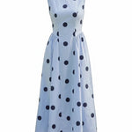 Navy blue sleeveless polka dot midi dress by Klesis, featuring a fitted waist and flowing skirt, perfect for summer occasions.