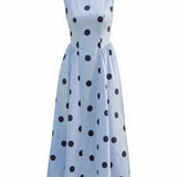 Navy blue sleeveless polka dot midi dress by Klesis, featuring a fitted waist and flowing skirt, perfect for summer occasions.