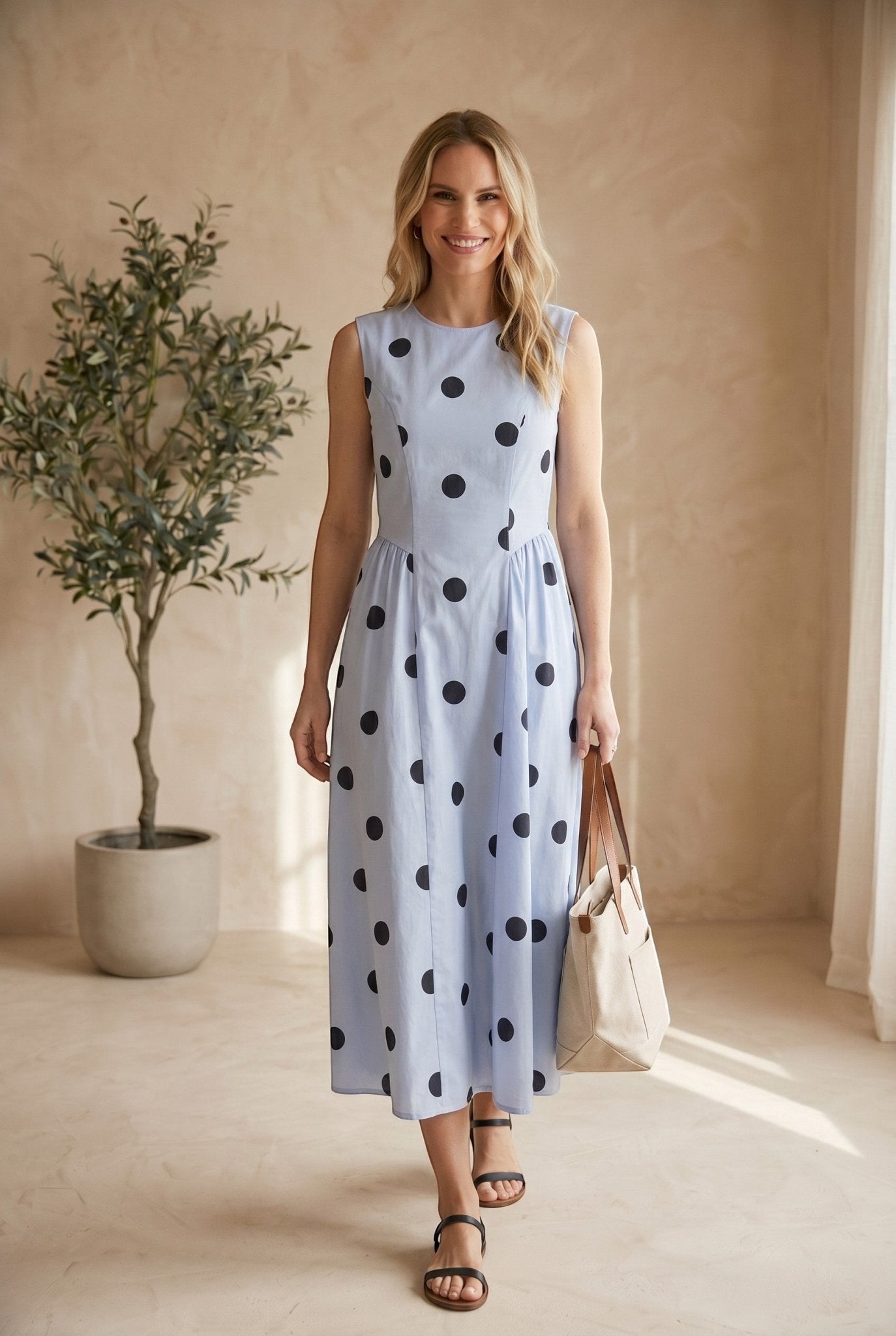 Klesis sleeveless navy blue polka dot midi dress with a fitted waist and flowing skirt, perfect for summer or casual occasions.