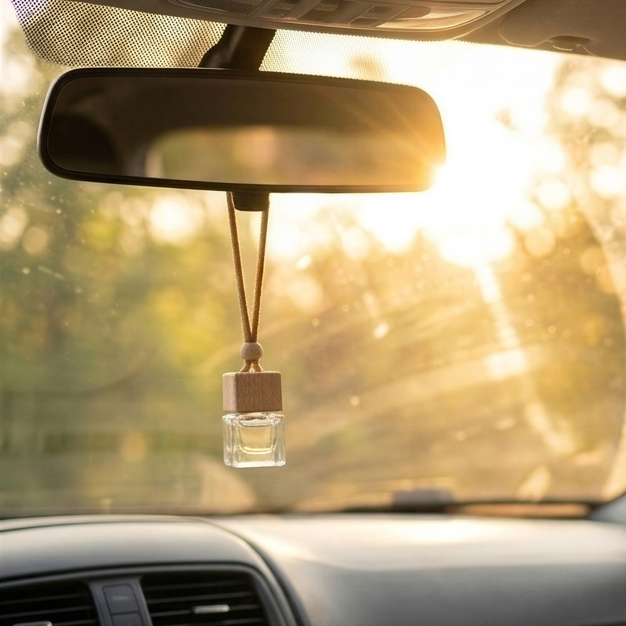 Woman sitting in a car with a rearview mirror air freshener, sun shining through the window.