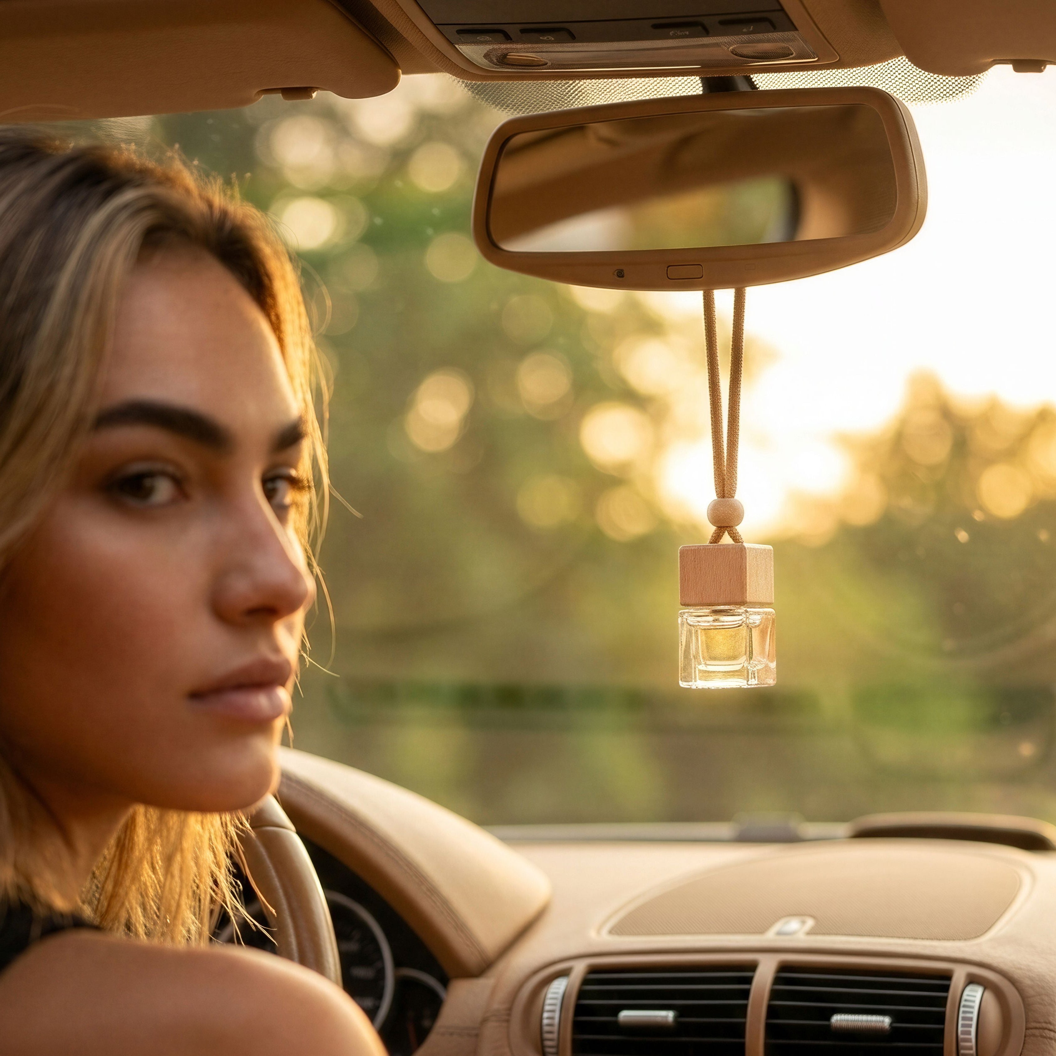 Woman sitting in a car with a car air freshener hanging from the rearview mirror.