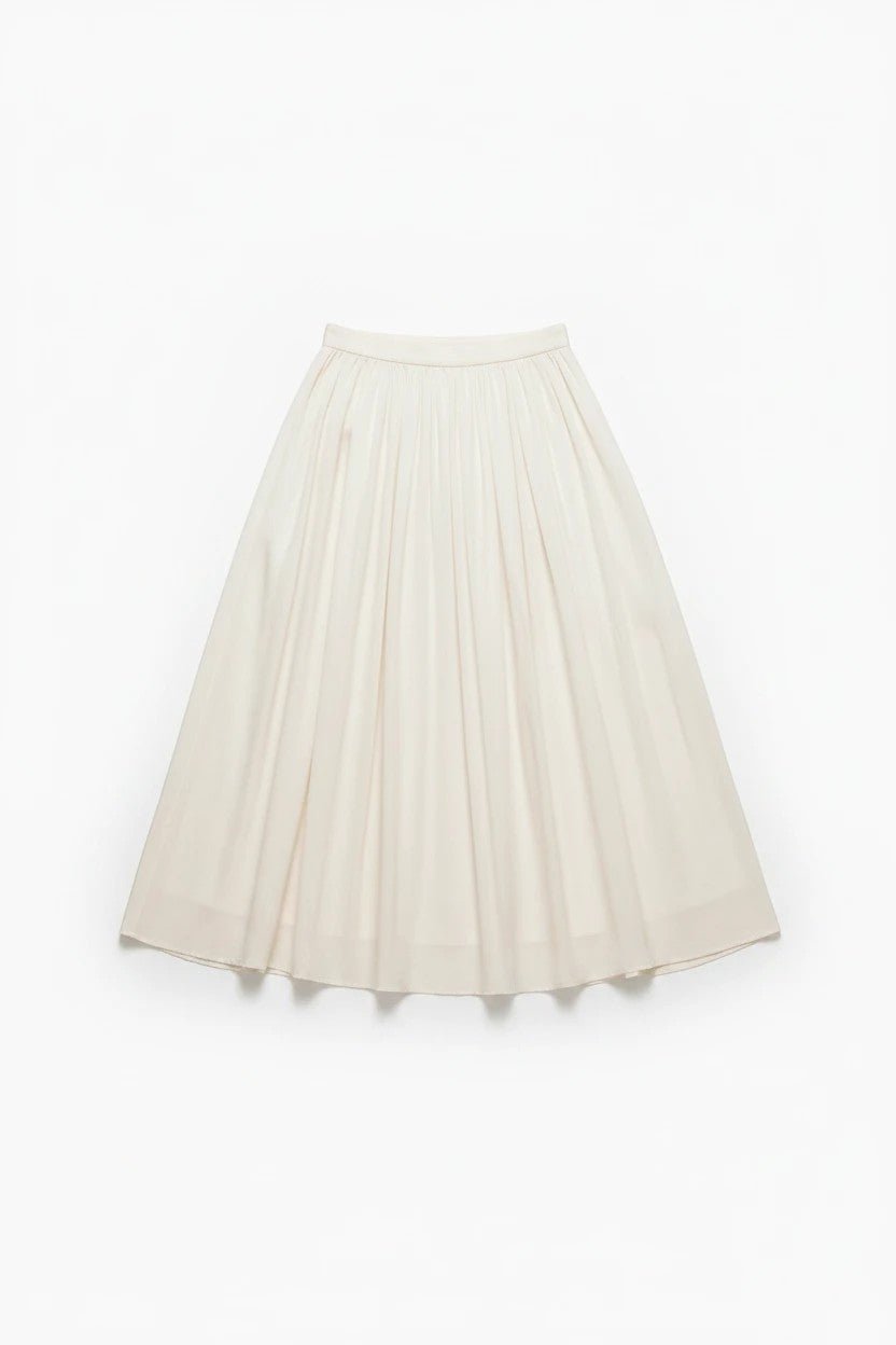 Off-white Be Cool smocked waist midi skirt with flowy fabric, perfect for casual or dressy outfits.