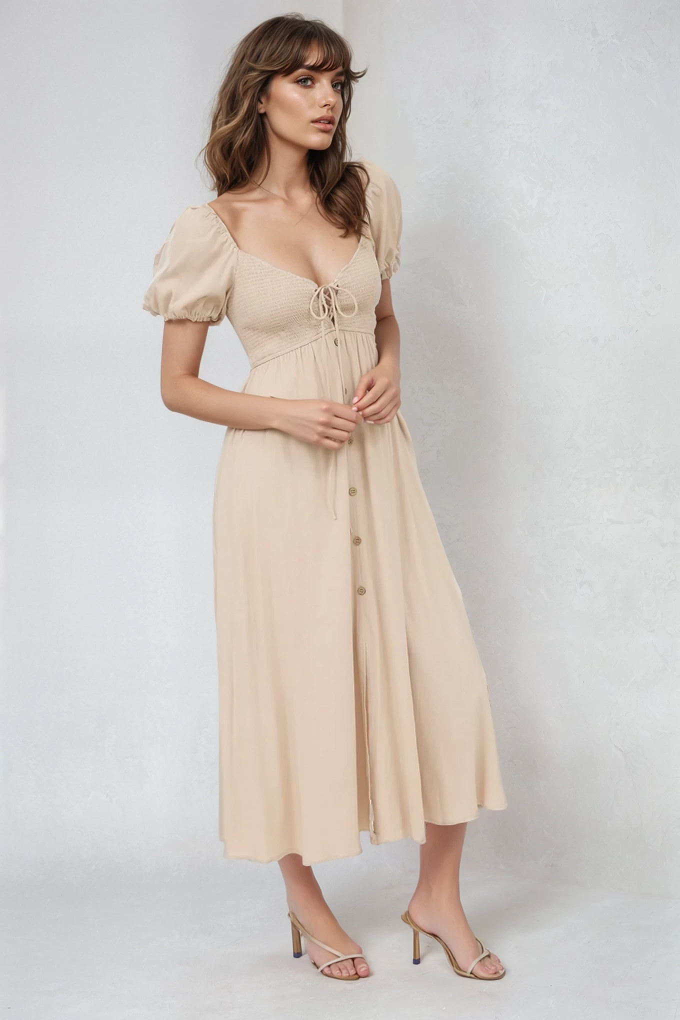 Smocked Front Tie Midi Dress