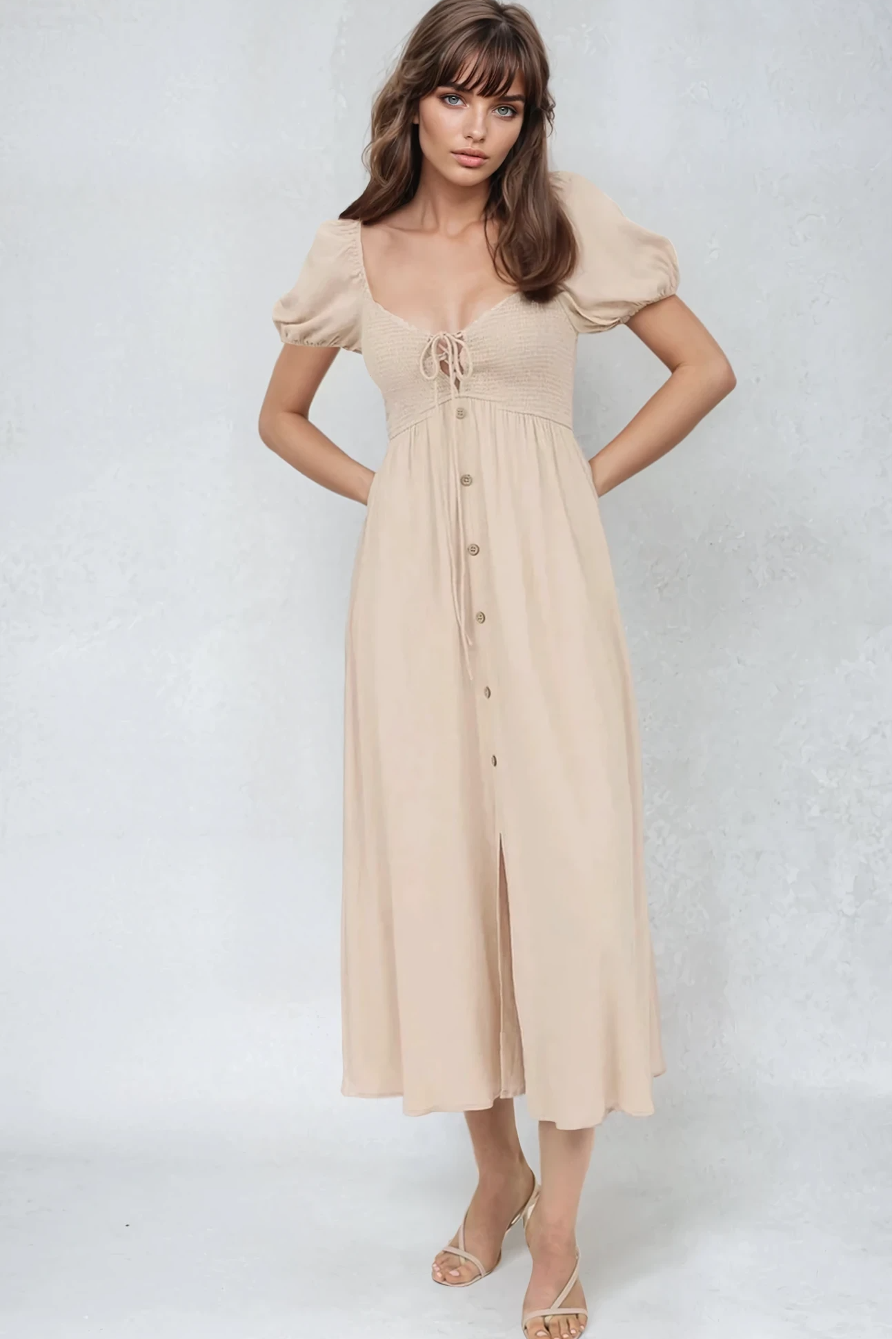 Smocked Front Tie Midi Dress