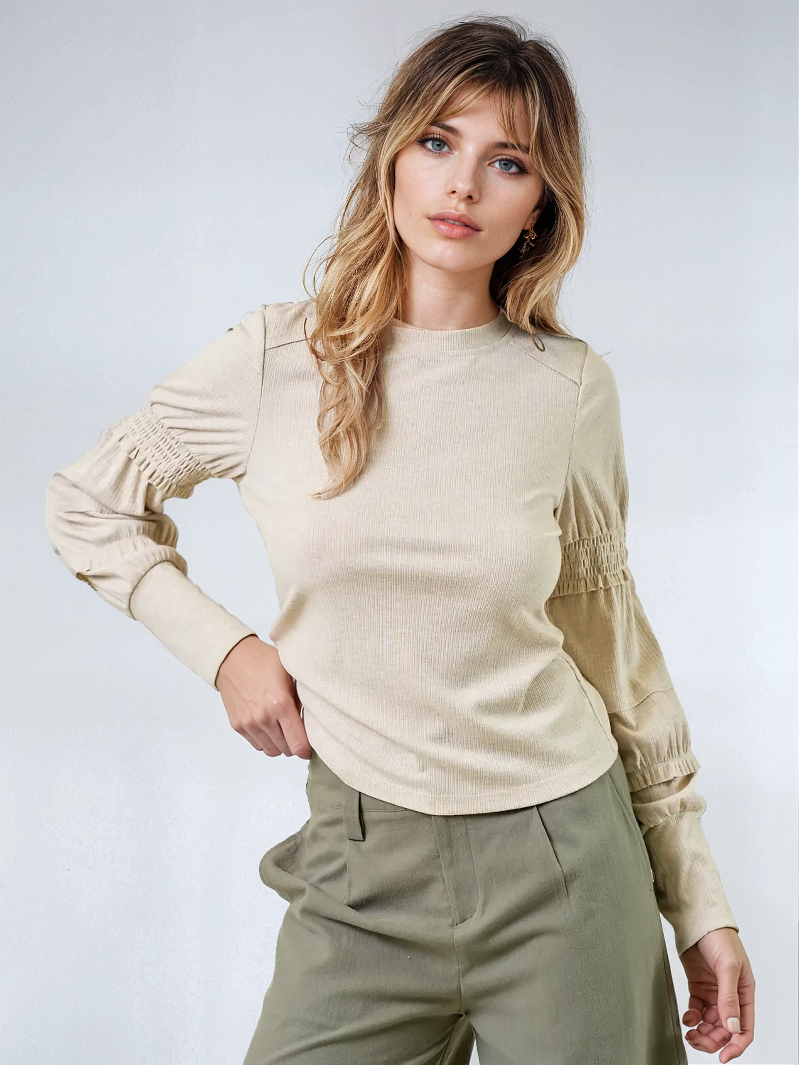 Round Neck Smocked Long Sleeve