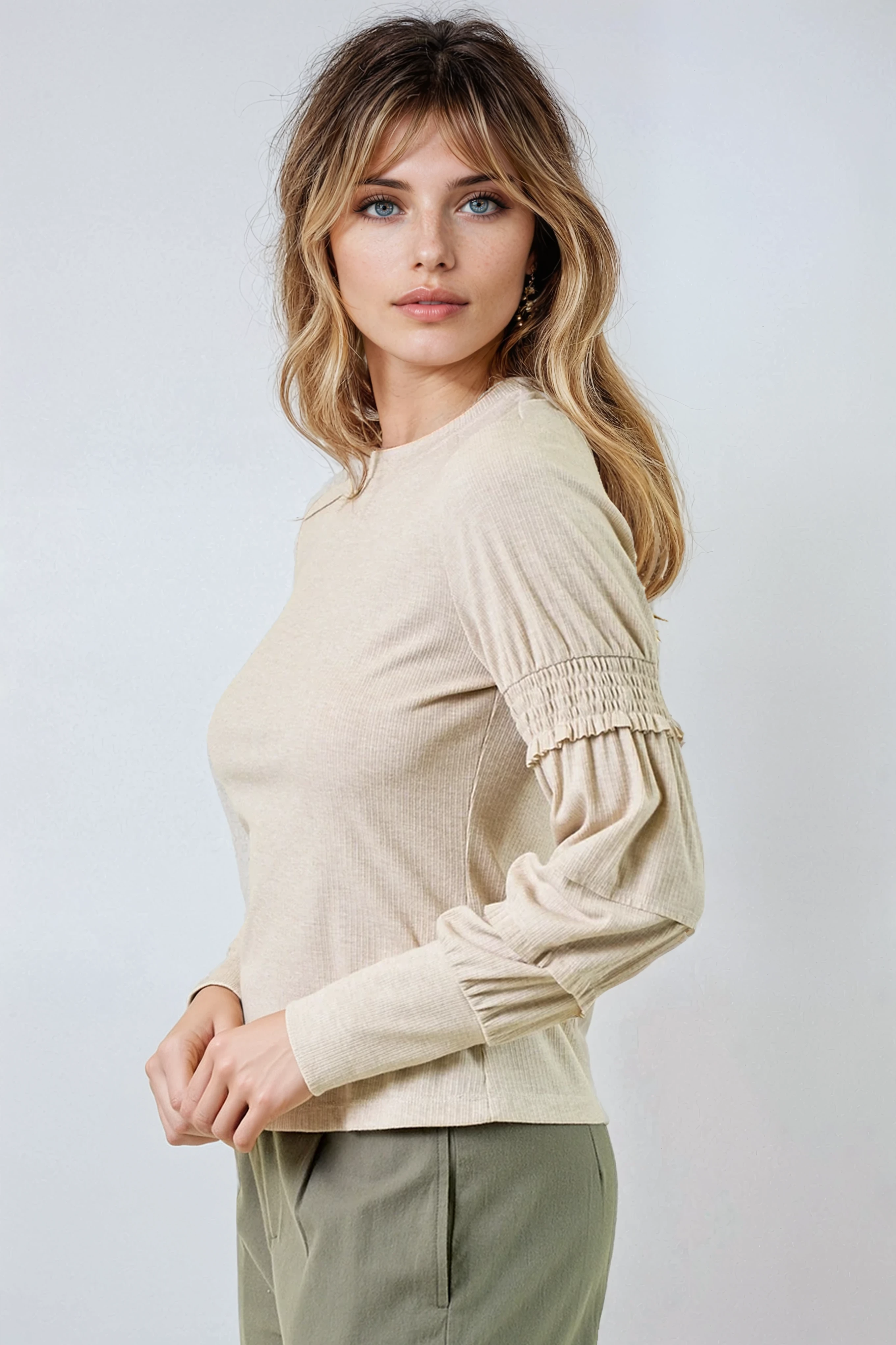 Round Neck Smocked Long Sleeve