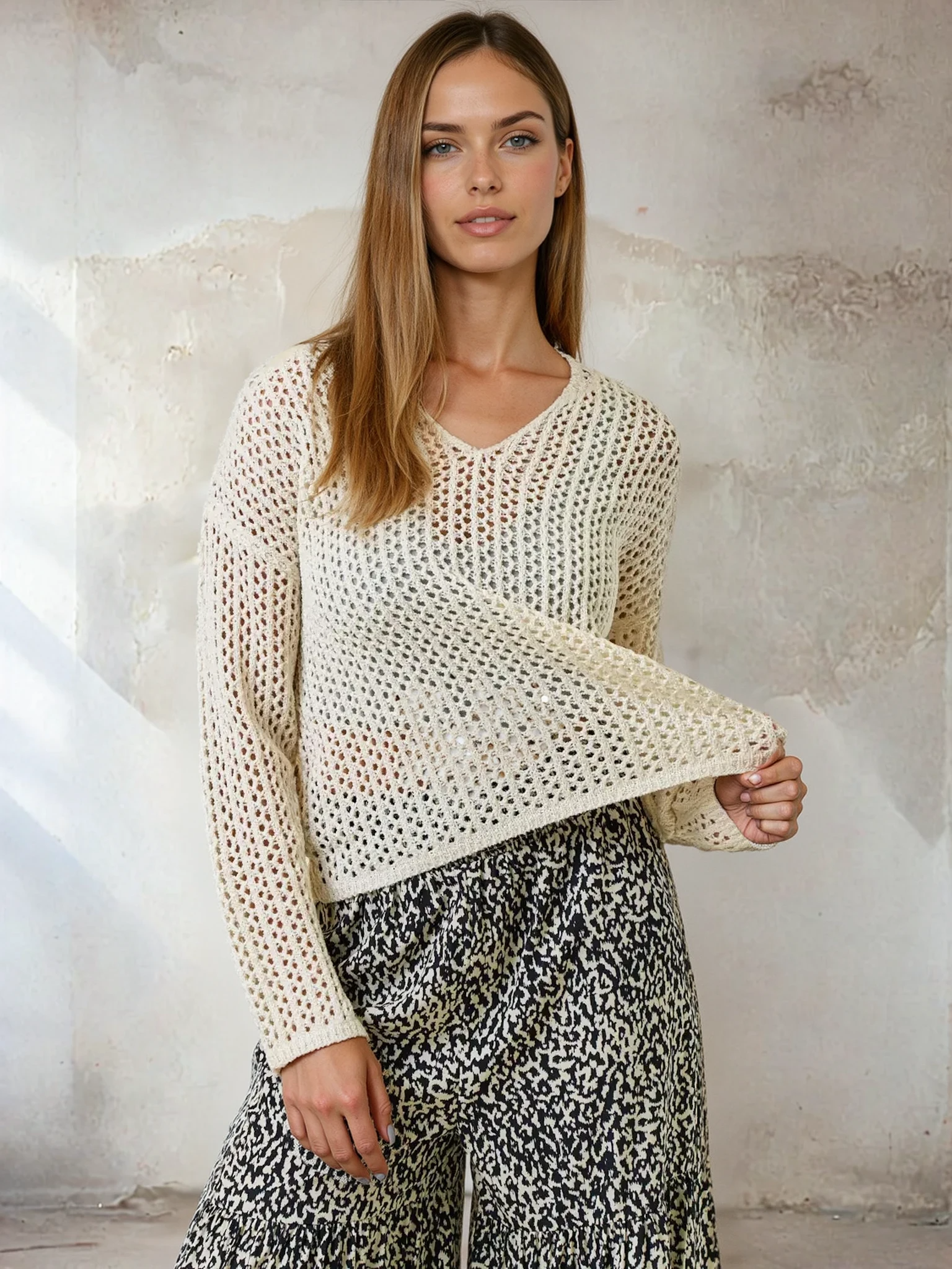 Split V Neck Long Sleeve Top Cream