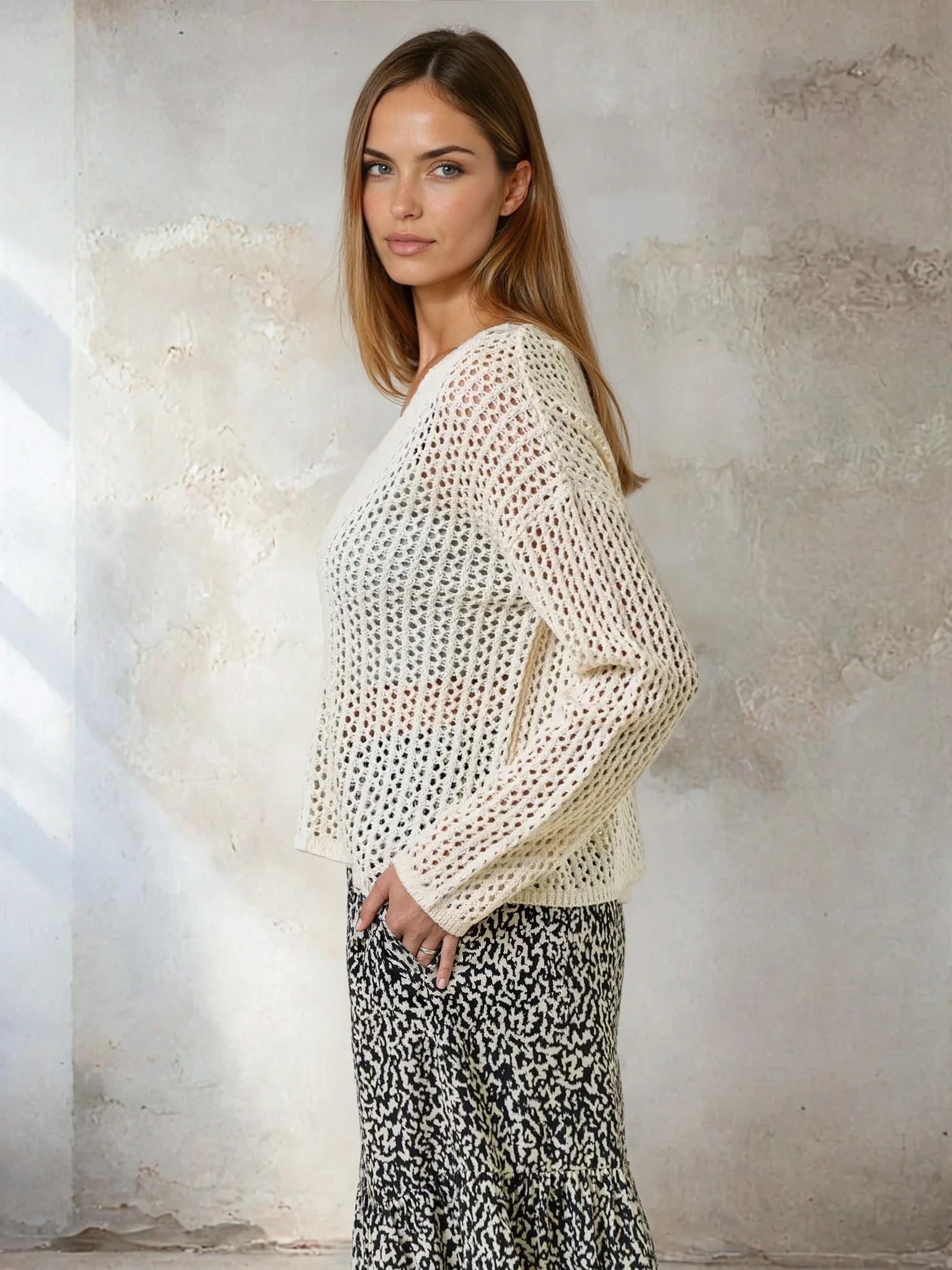 Split V Neck Long Sleeve Top Cream