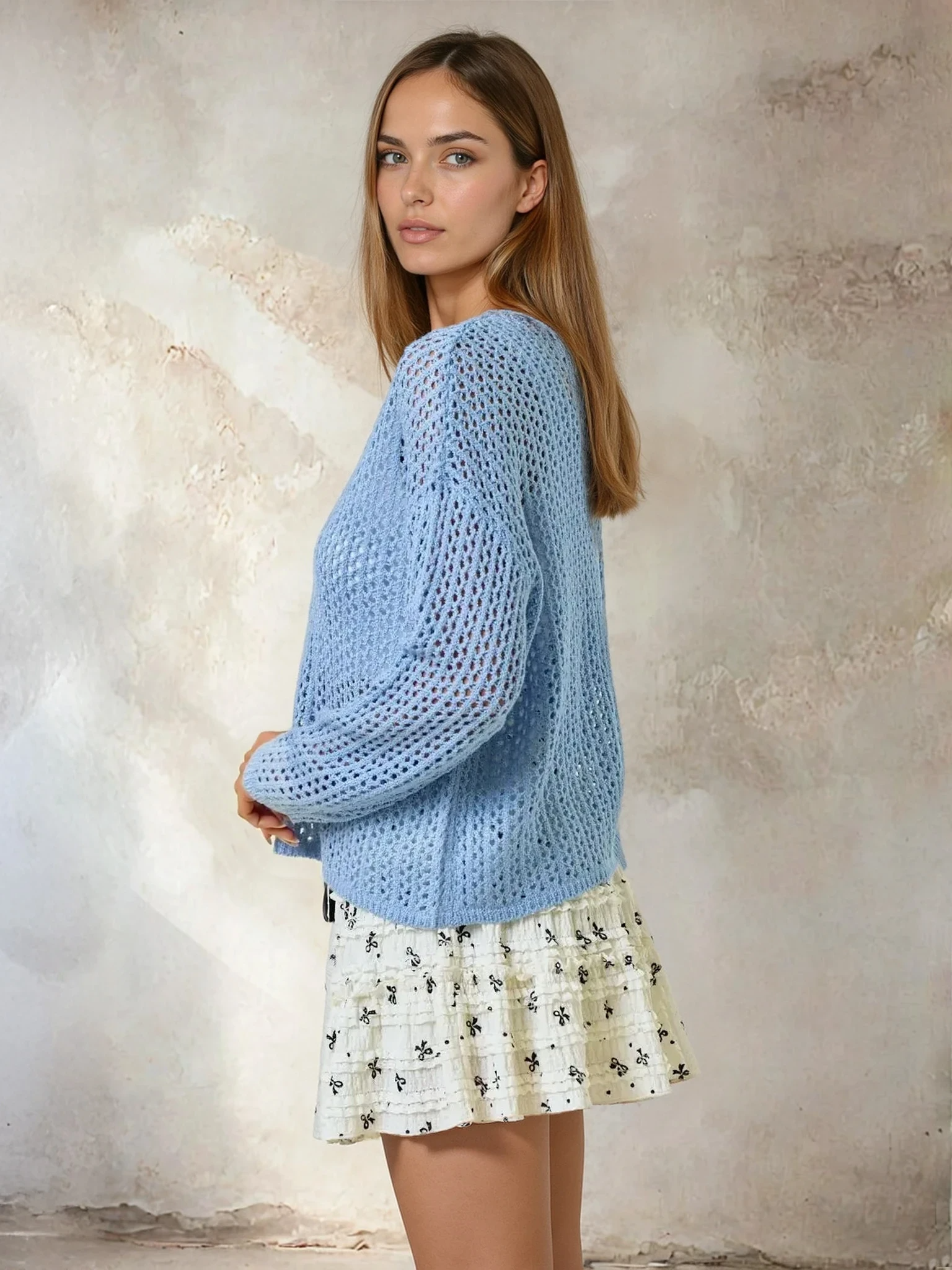 Split V Neck Long Sleeve Top Powder Blue