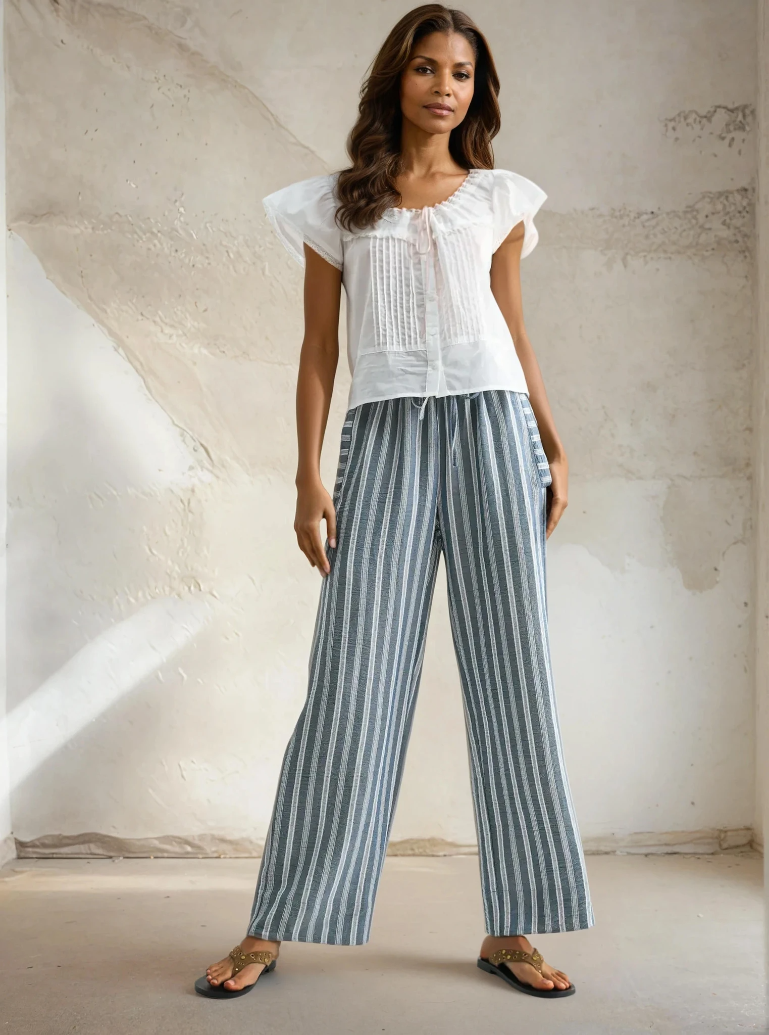 Striped Wide Leg Drawstring Pants