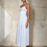 Striped Waist Pleat A Line Midi Dress